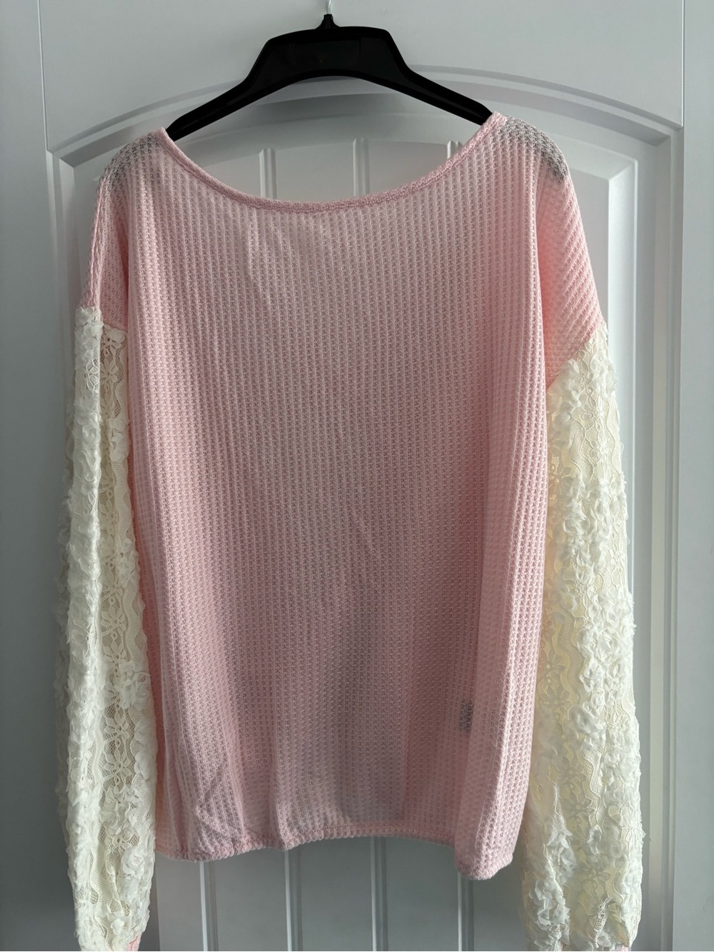 POL Pink Waffle Knit Top with Cream Lace Sleeves